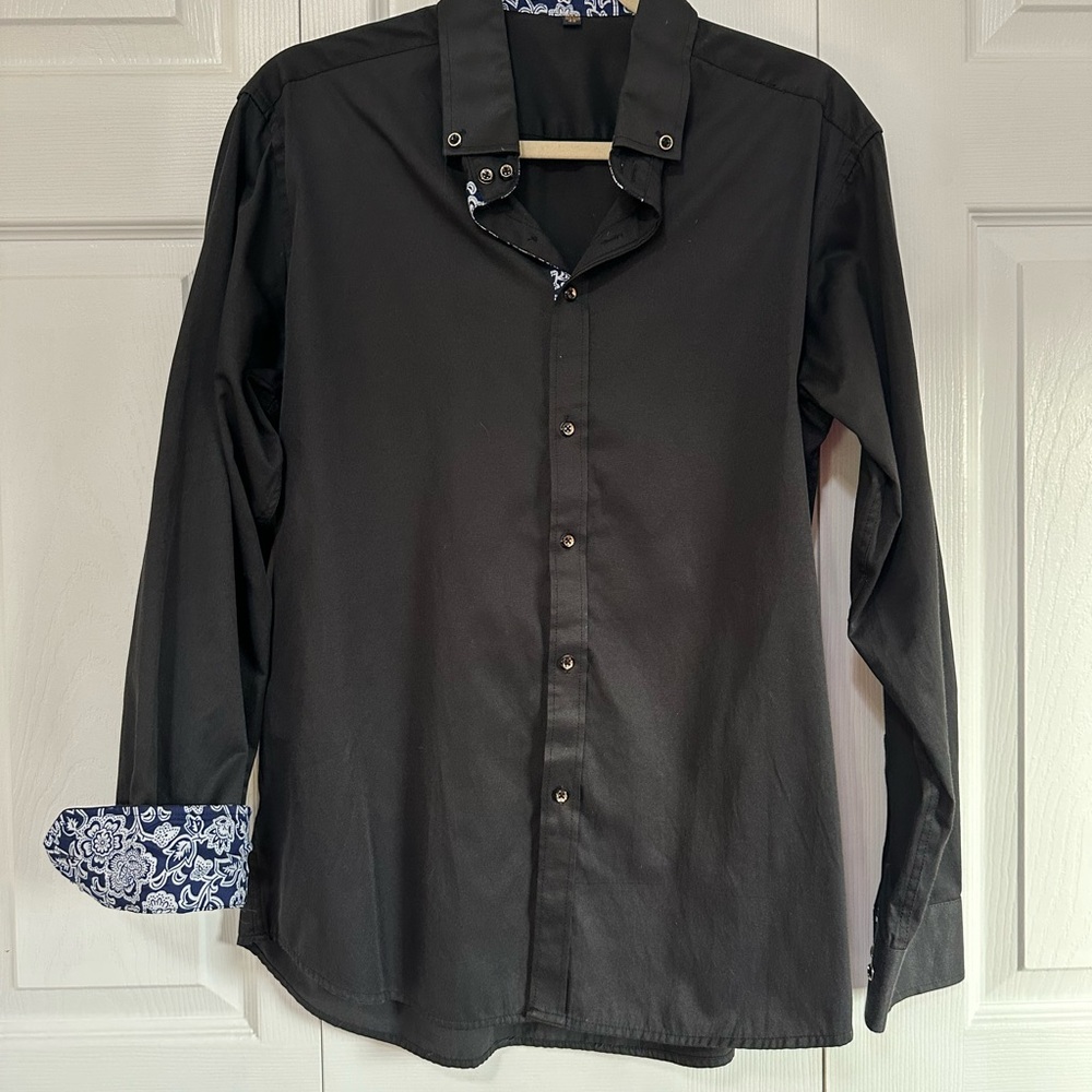 Men's Black Dress Shirt with Patterned Cuffs.  Two available.